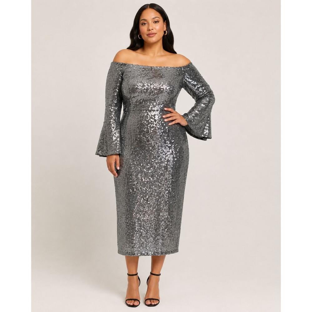 Eloquii Silver Sequin Off Shoulder Bell Sleeve Midi Dress Size 14